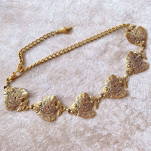 VINTAGE Gold Tone Tropical Angel Fish Chain Belt Metal Cinch Waist Lobster Clasp - Picture 10 of 16